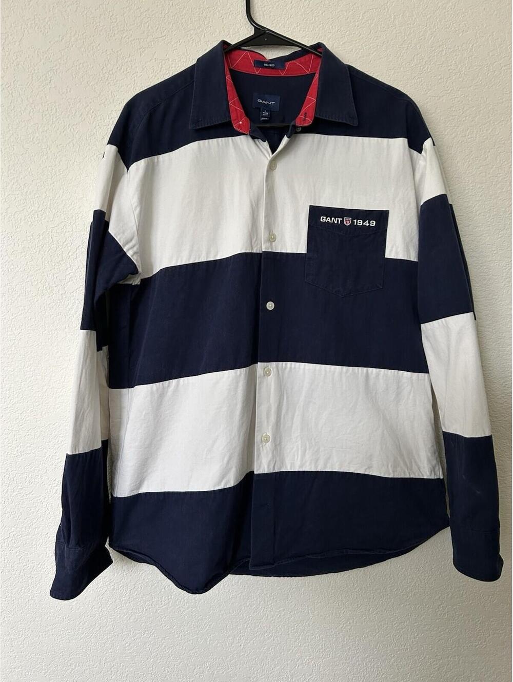 Vintage Men L Gant Rugby Button Up Color Block Blue White Pocket Cotton 90s Y2K